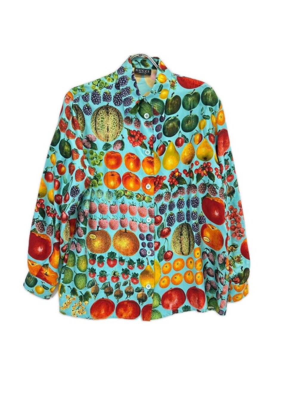 Gucci Light Blue Tom Ford Era Silk Fruit Print Long Sleeve Shirt 40